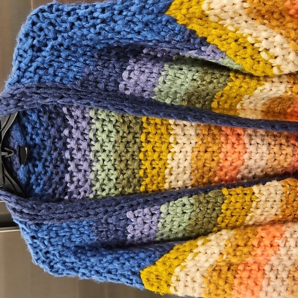 💕SAACHI💕 Mayflower Rainbow Stripe Cardigan ~ Hand Knit Multi-Color Medium - Picture 14 of 16